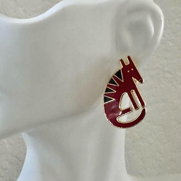 🐾 Vintage Laurel Burch "Terra" Red Enamel Dog Earrings - Picture 5 of 8